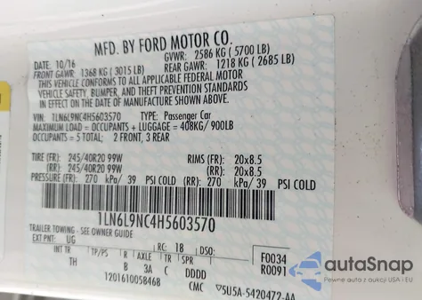 2017 Lincoln Continental Reserve z USA, uszkodzony, nr VIN 1LN6L9NC4H5603570